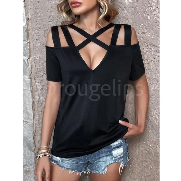 Black Short Sleeve Tee Shirt Top Cold Shoulder Criss Cross Straps - Picture 4 of 7